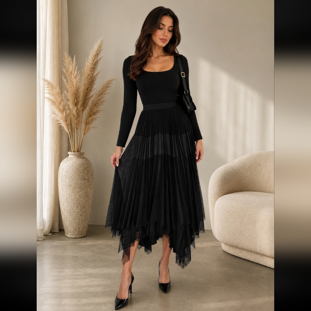 Elegant Black Midi Pleated Skirt - Women's